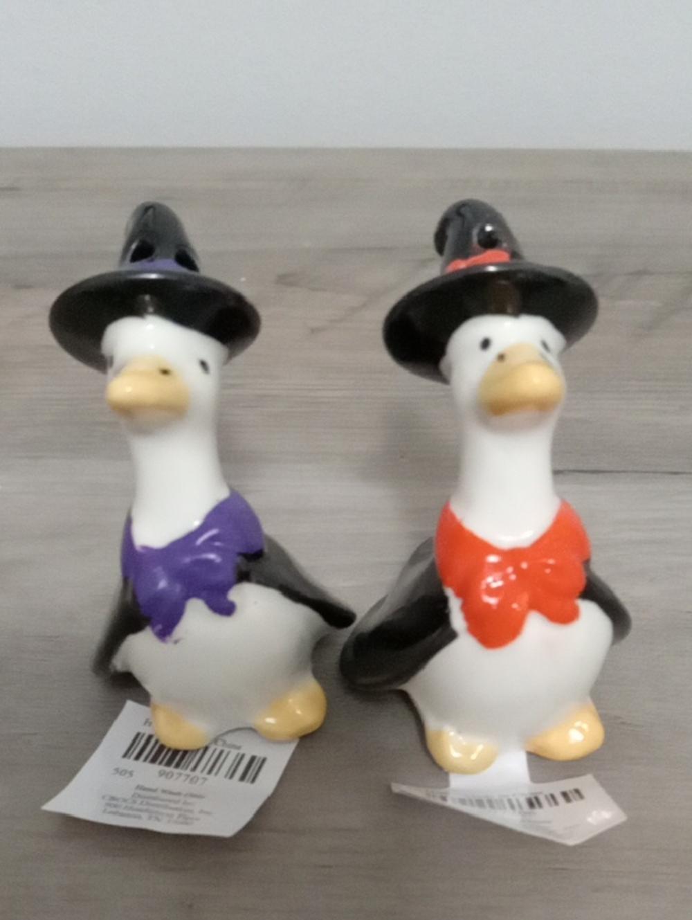 Pair of Cracker Barrel Halloween Duck Figurines — Purple & Orange Witch Hats